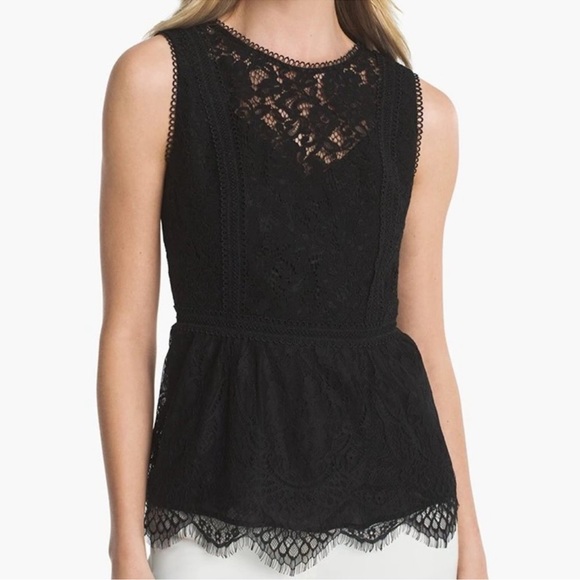 White House Black Market Tops - NWT White House Black Market Lace Bodice Blouse Crochet Sheer Peplum Black 8